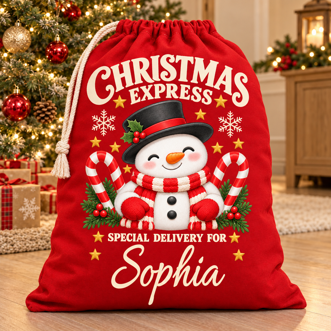 Personalised Candy Cane Snowman Christmas Sack
