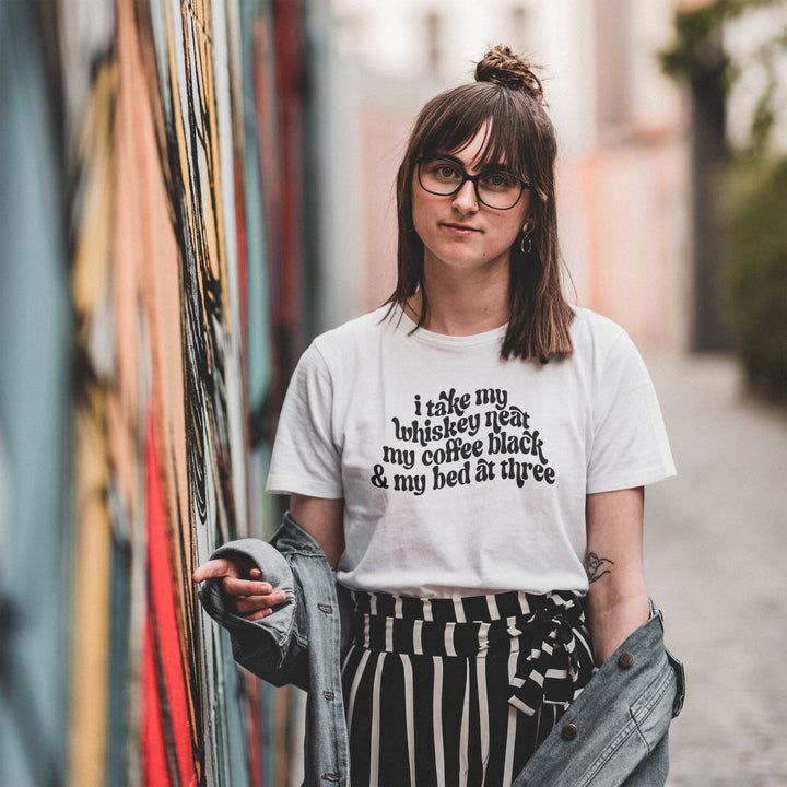 I Take My Whiskey Neat My Coffee Black And My Bed At Three Unisex T - Shirt - Whiskey And Coffee Lover Gift Shirt - Hozier Too Sweet Lyrics Tee - Gifts Handmade