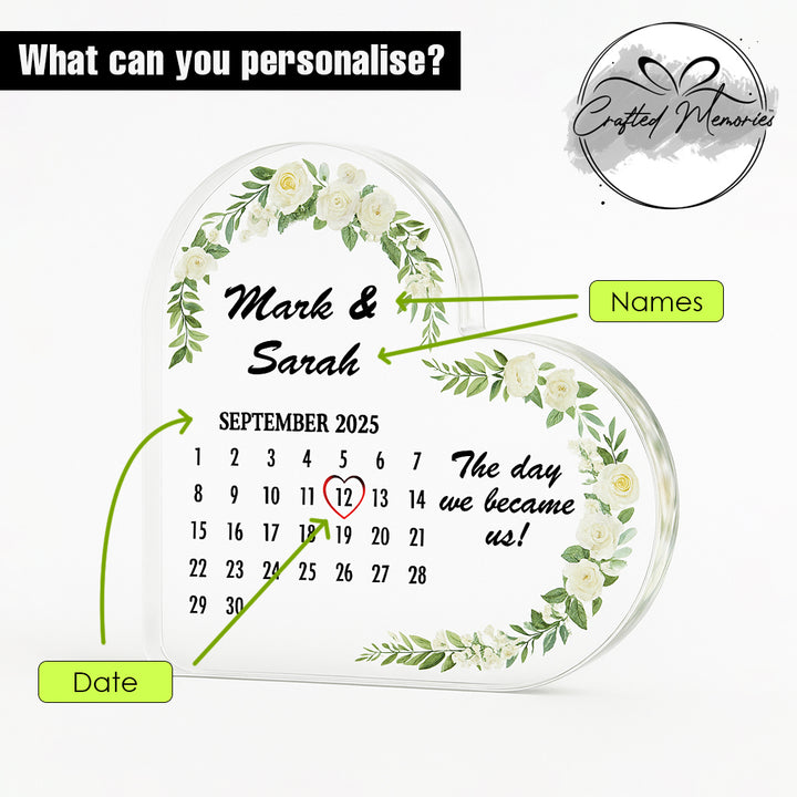 Personalised Wedding/Anniversary Calendar Acrylic Heart Plaque