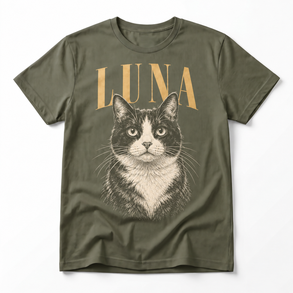 Luna tuxedo cat, cream engraved portrait and bronze name on our regular-fit Military Green T-shirt