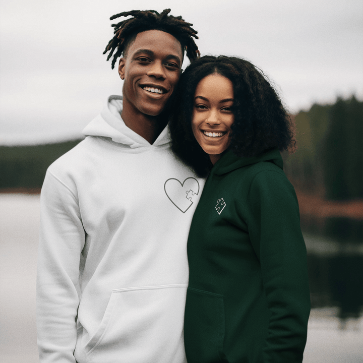 Matching Couples Puzzle Heart Piece Unisex Hoodie, Custom Embroidered Hoodie with Initial On Sleeve, Valentines Hoodie Gift for Couples, Romantic Gift for Him or Her - Gifts Handmade