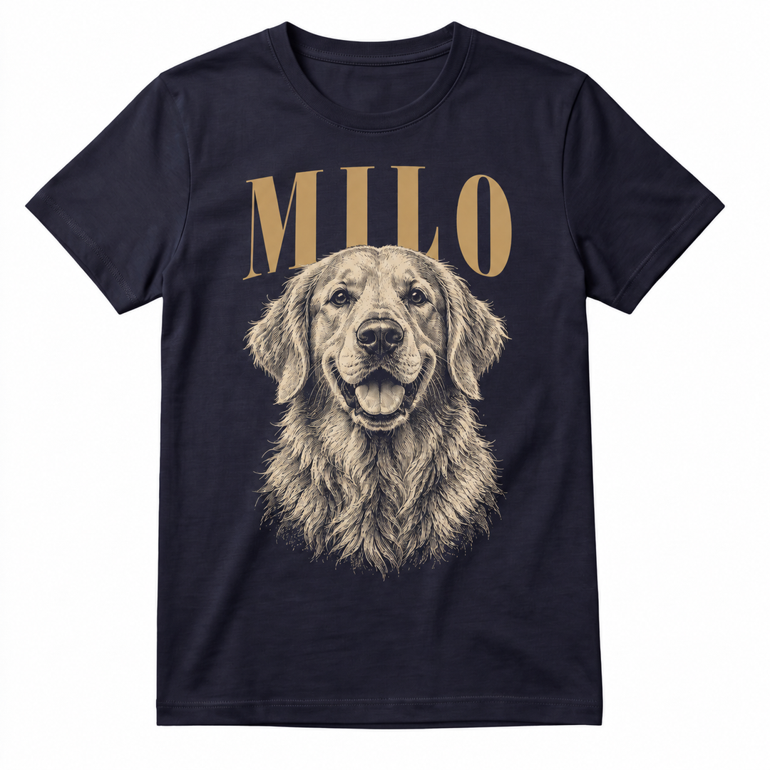 Milo golden retriever, cream engraved portrait with bronze name on our regular-fit Navy Blue T-shirt