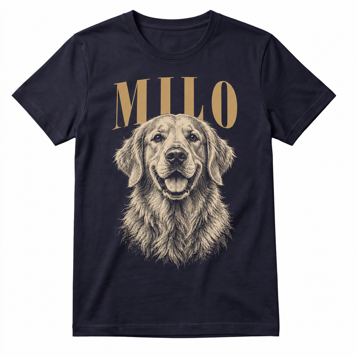 Milo golden retriever, cream engraved portrait with bronze name on our regular-fit Navy Blue T-shirt