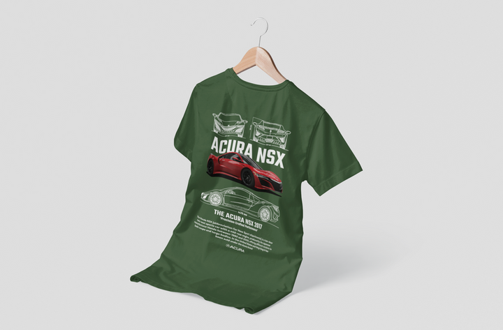 Green t-shirt with Acura NSX graphics on a hanger against a white background