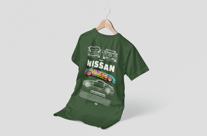 Green t-shirt with automotive design on a hanger against a white background