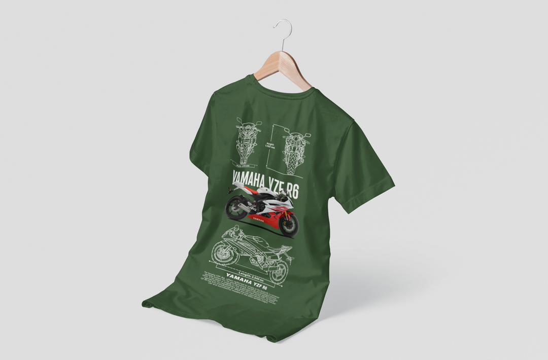 Green t-shirt with Yamaha motorcycle design on a hanger against a white background