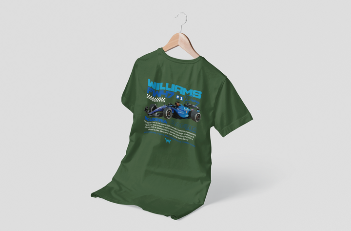 Green t-shirt with Williams Formula One car design on a hanger against a white background
