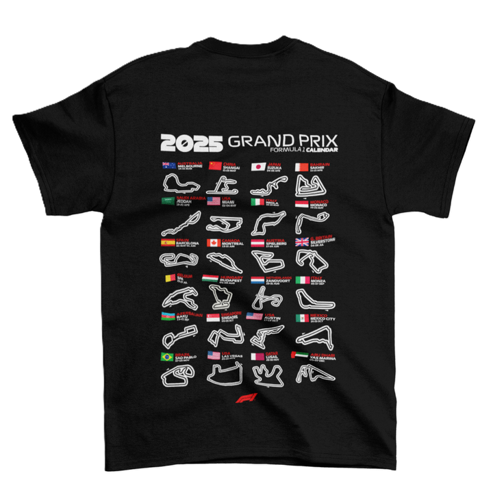 Black t-shirt with 2023 Grand Prix Formula 1 graphic on a white background