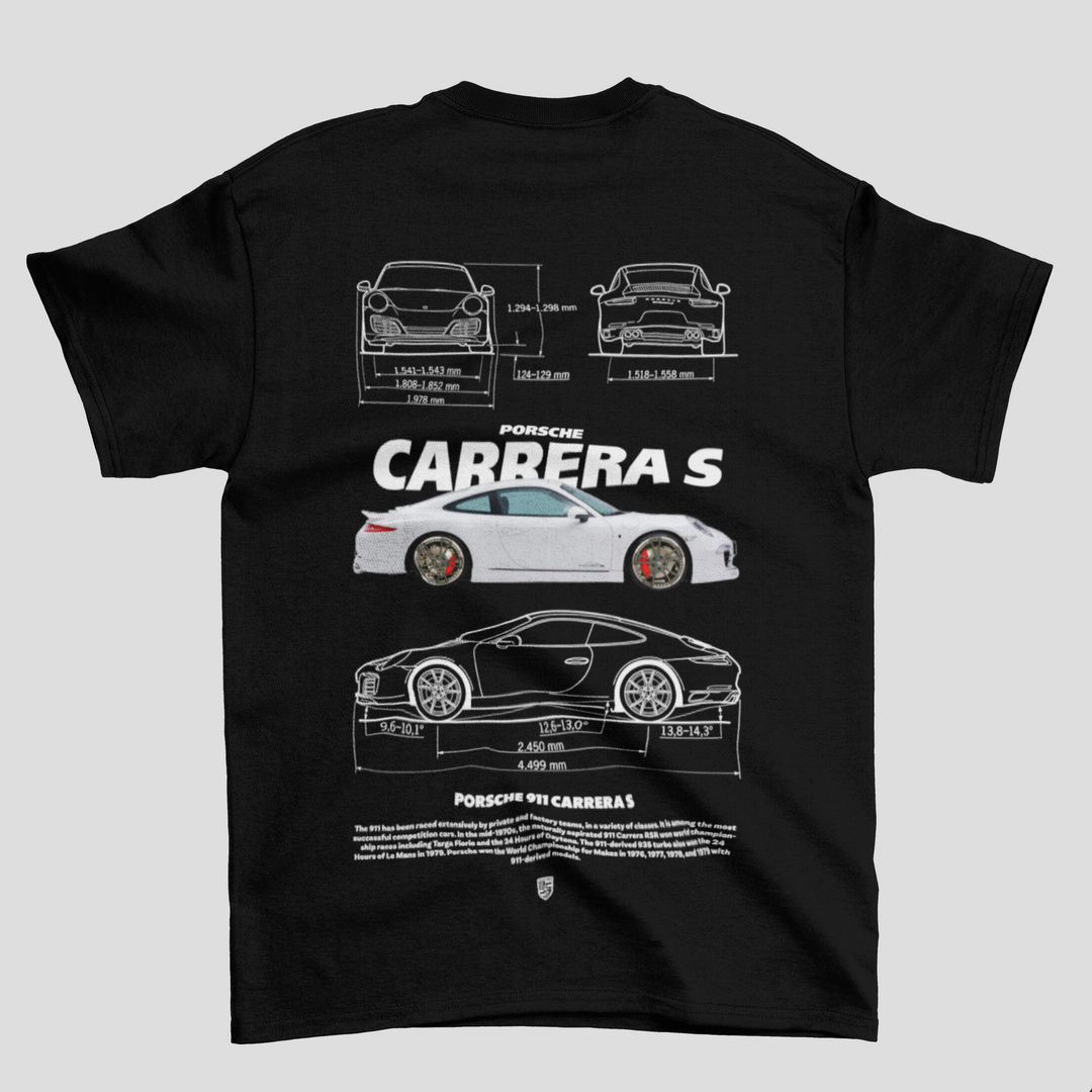 Black t-shirt with Porsche Carrera S design on a gray background