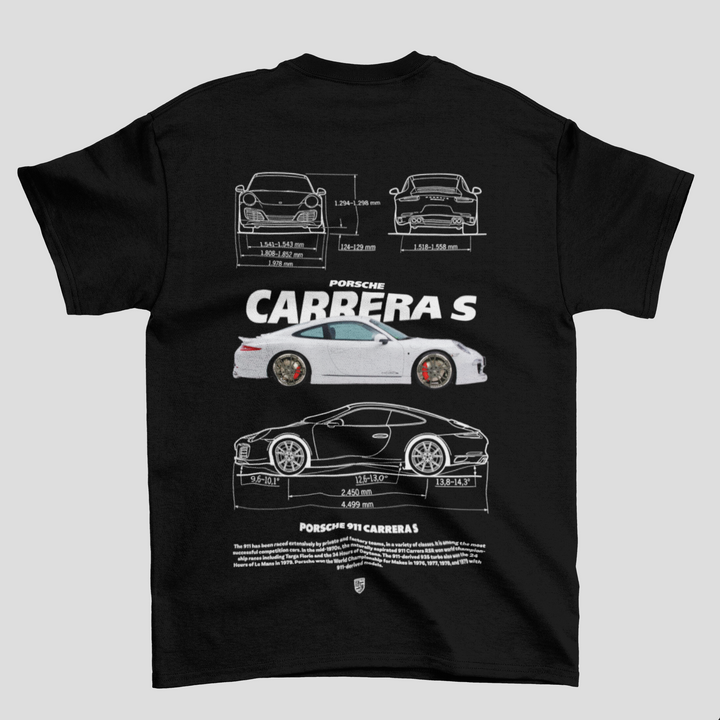 Black t-shirt with Porsche Carrera S design on a gray background