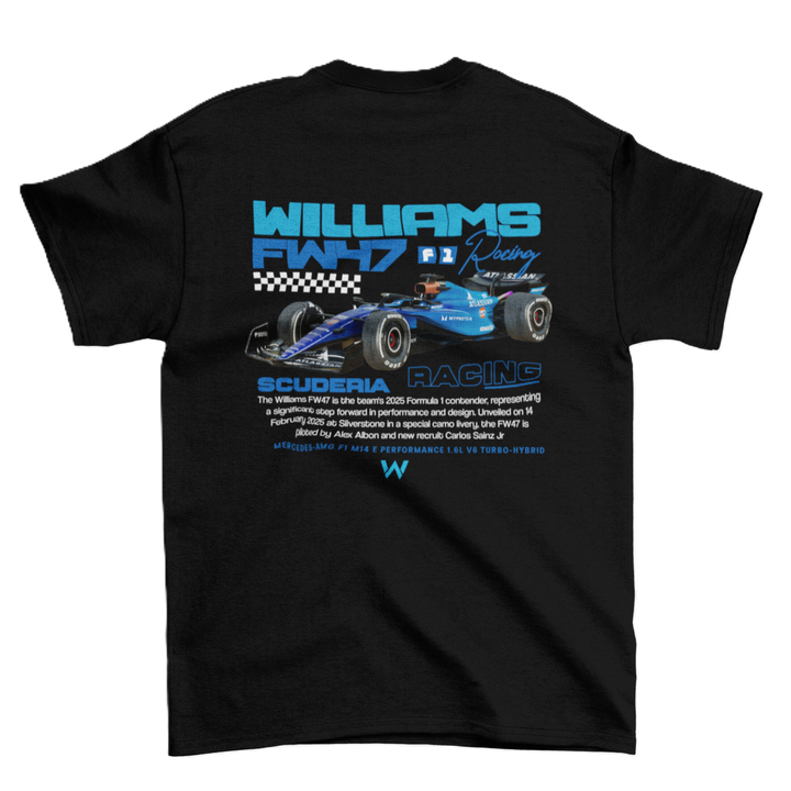 Black t-shirt with Williams FW47 Racing graphic on a white background