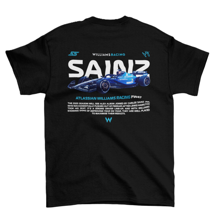 Black t-shirt with Williams Racing logo and Formula 1 car design on a white background