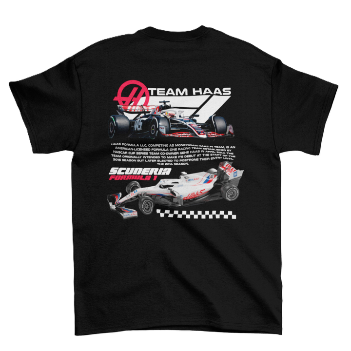 Black t-shirt with Formula 1 car graphics and &