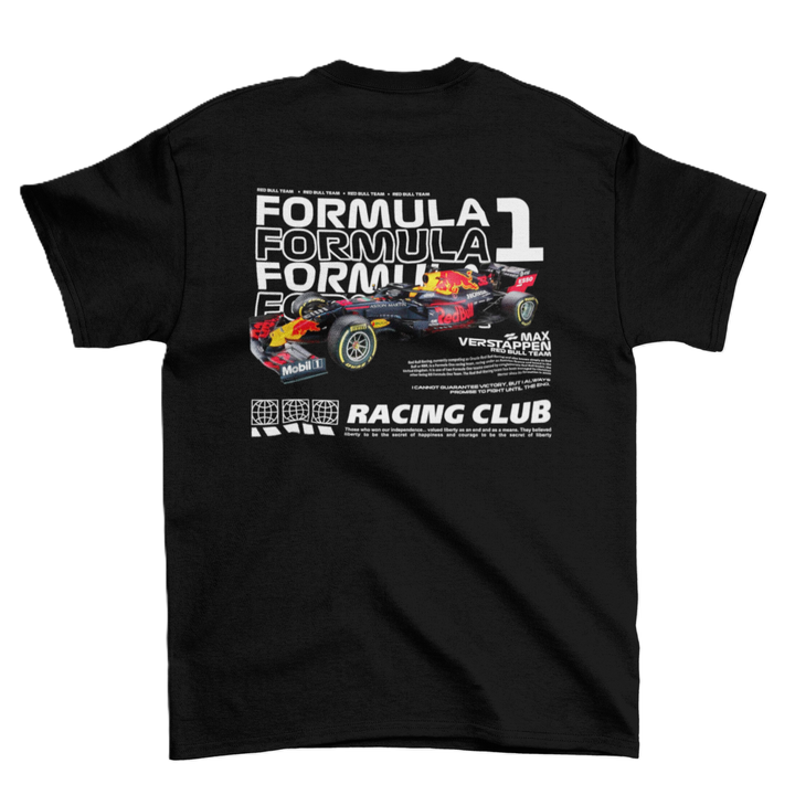 Black t-shirt with Formula 1 car graphic and text on a white background