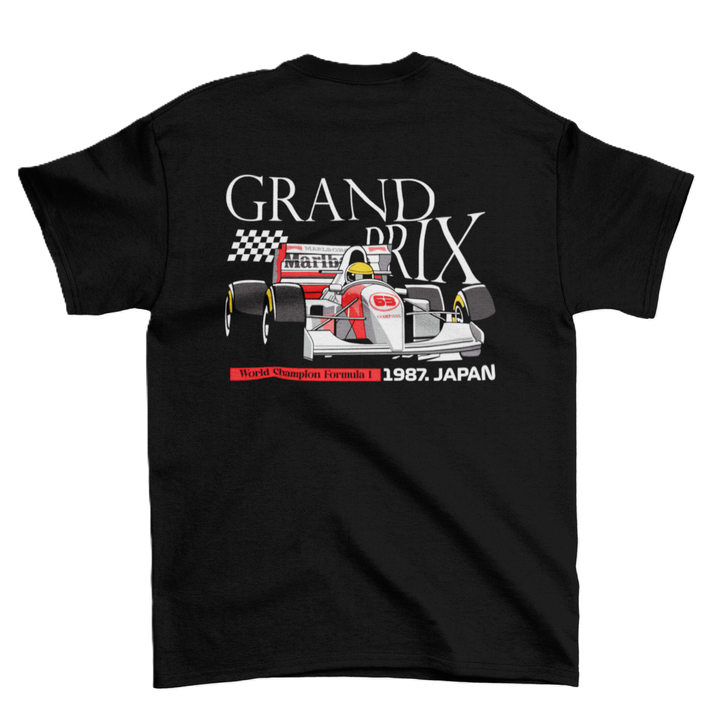 Black t-shirt with a Formula 1 car graphic and text on the back