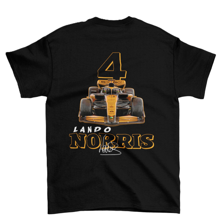 Black t-shirt with a Formula 1 car graphic and &