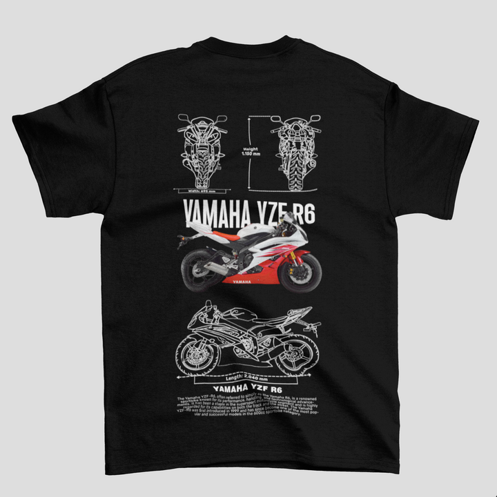 Black t-shirt with Yamaha YZF-R6 motorcycle design on a gray background