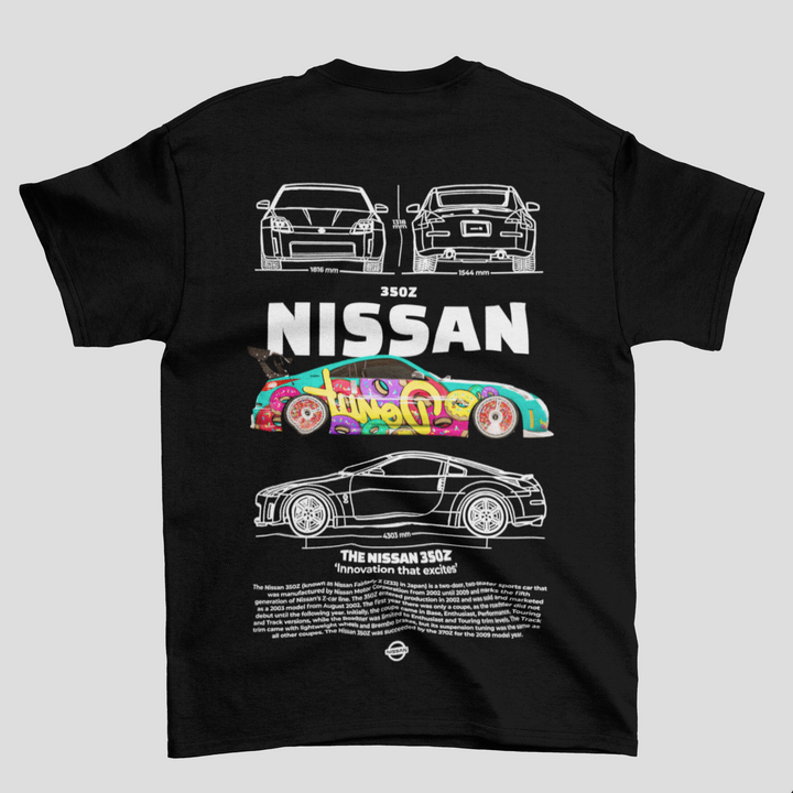 Black t-shirt with Nissan vehicle illustrations on a gray background