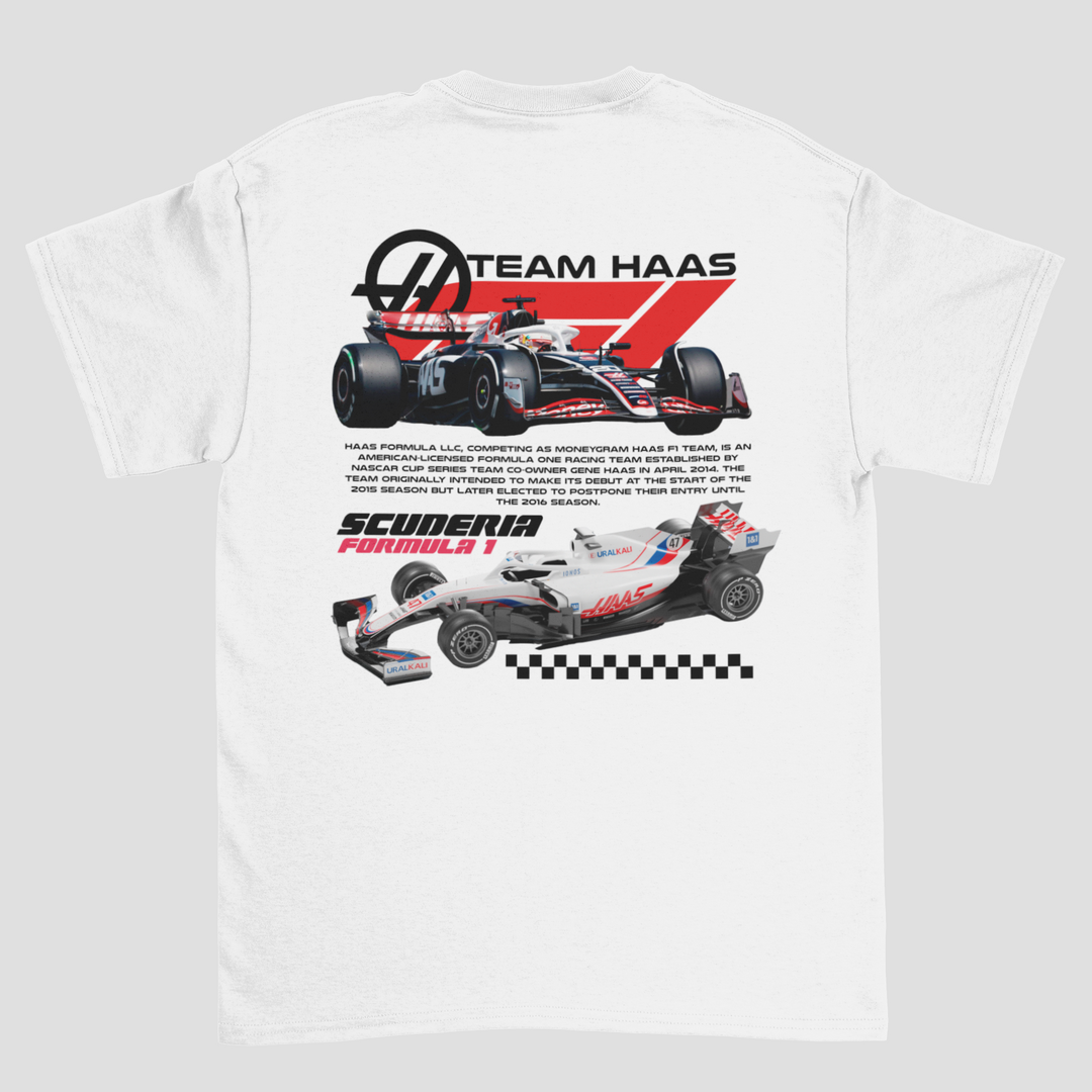 White t-shirt with Formula 1 car graphics and &