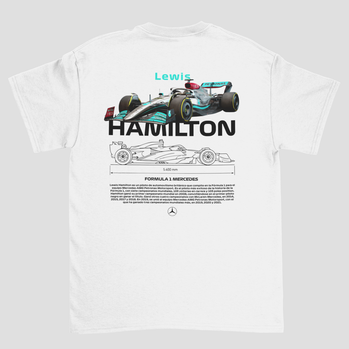White t-shirt with Formula 1 car design and &