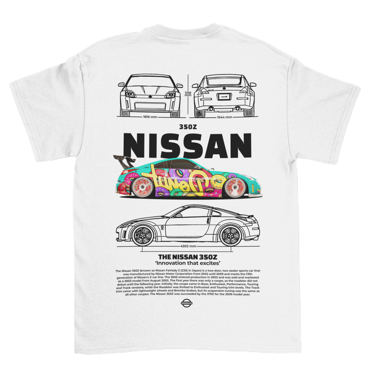 White t-shirt with Nissan 350Z graphic design on a white background
