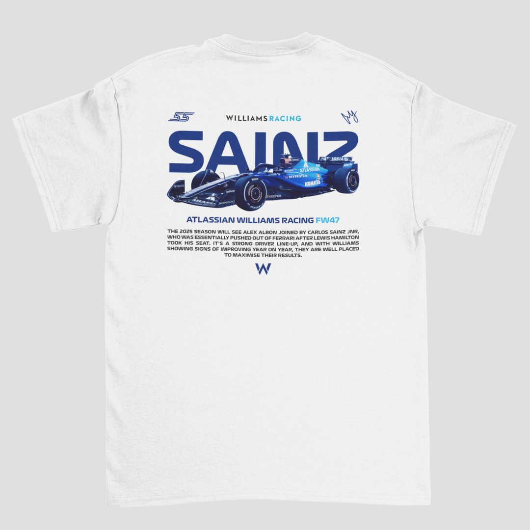White t-shirt with Formula 1 car graphic and text on a gray background