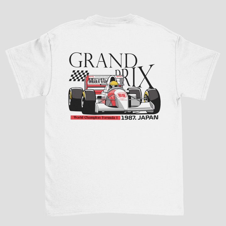 White t-shirt with Formula 1 car graphic and &