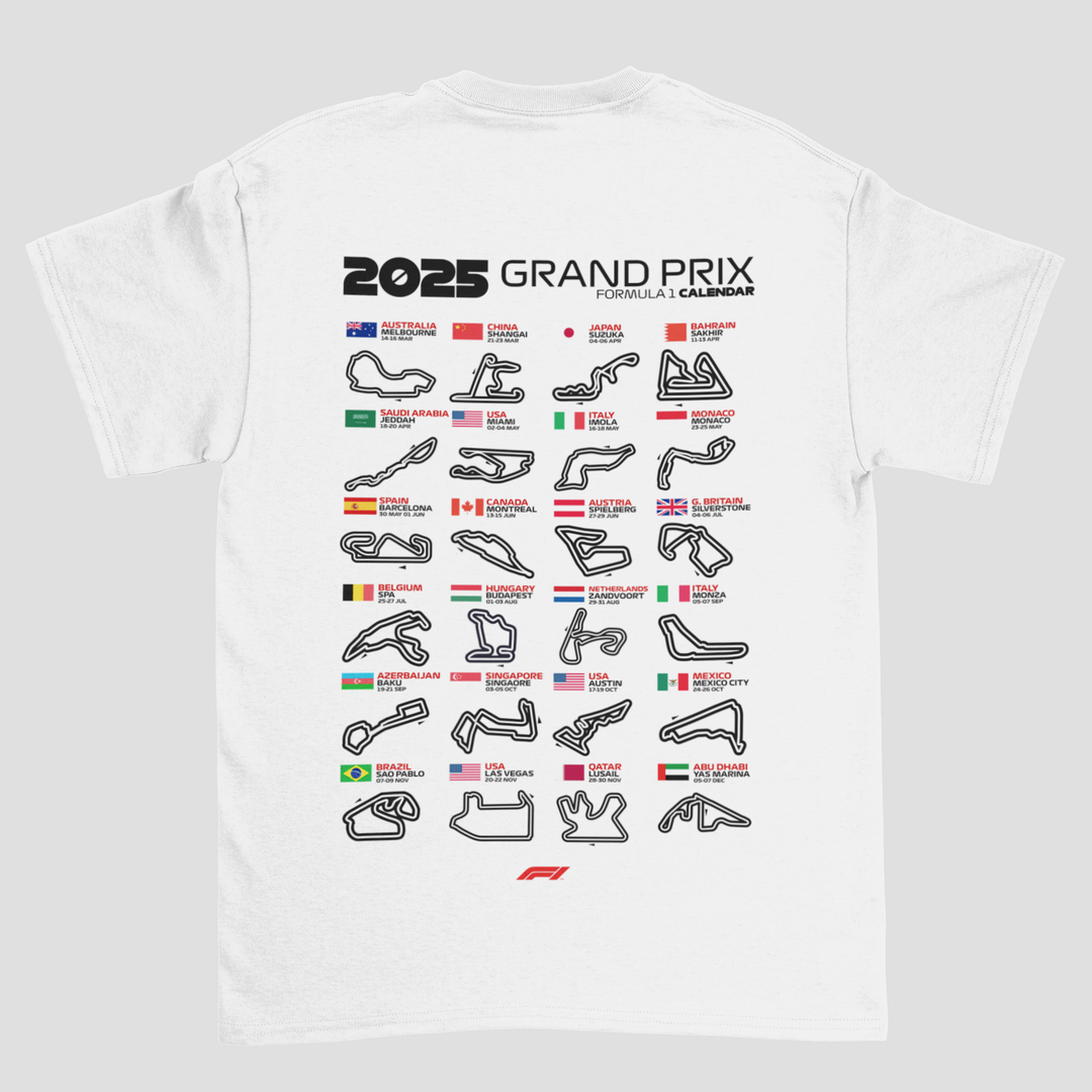 White t-shirt with 2025 Grand Prix Formula 1 calendar design on a white background