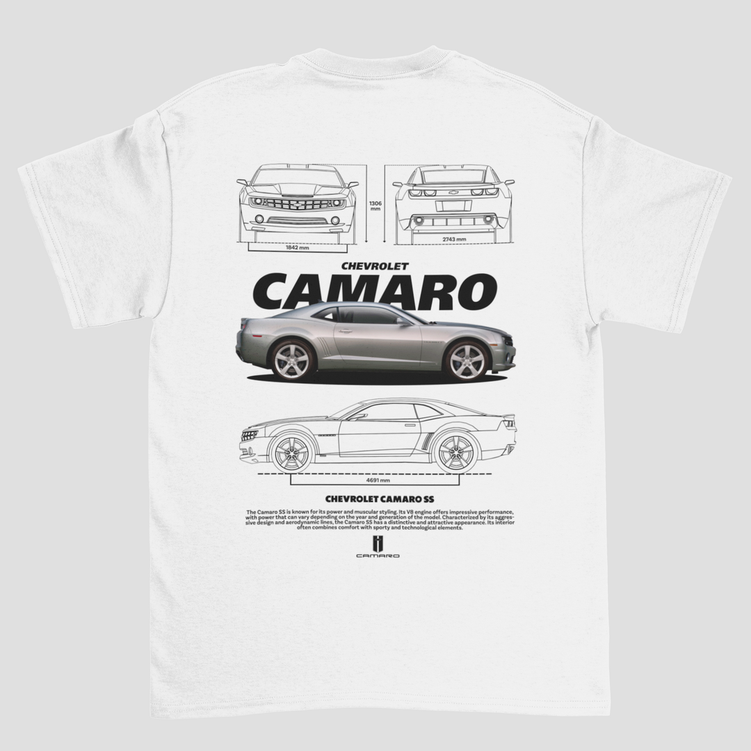 White t-shirt with black Chevrolet Camaro graphics on a white background