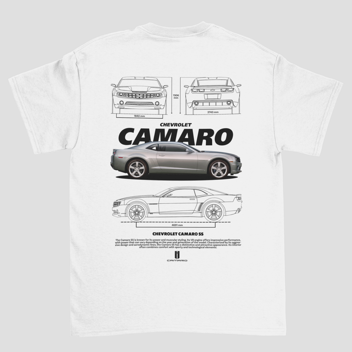 White t-shirt with black Chevrolet Camaro graphics on a white background