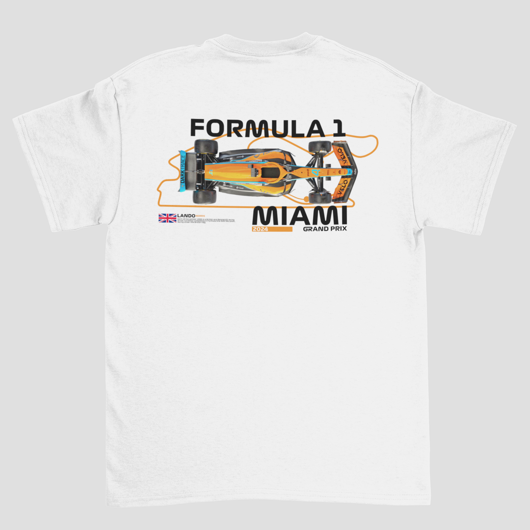 White t-shirt with Formula 1 graphic and text on a gray background