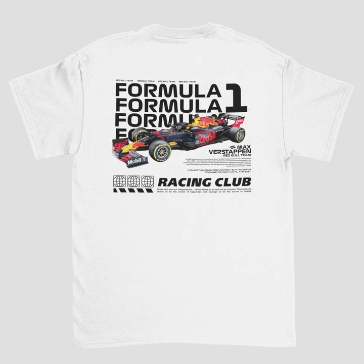 White t-shirt with Formula 1 graphic and text on a white background