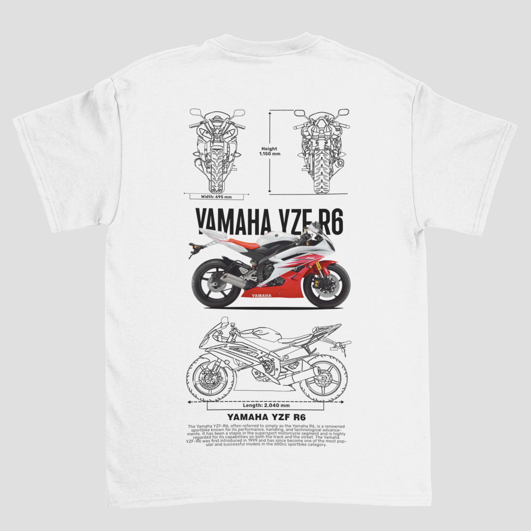 White t-shirt with Yamaha YZF-R6 motorcycle design on a gray background