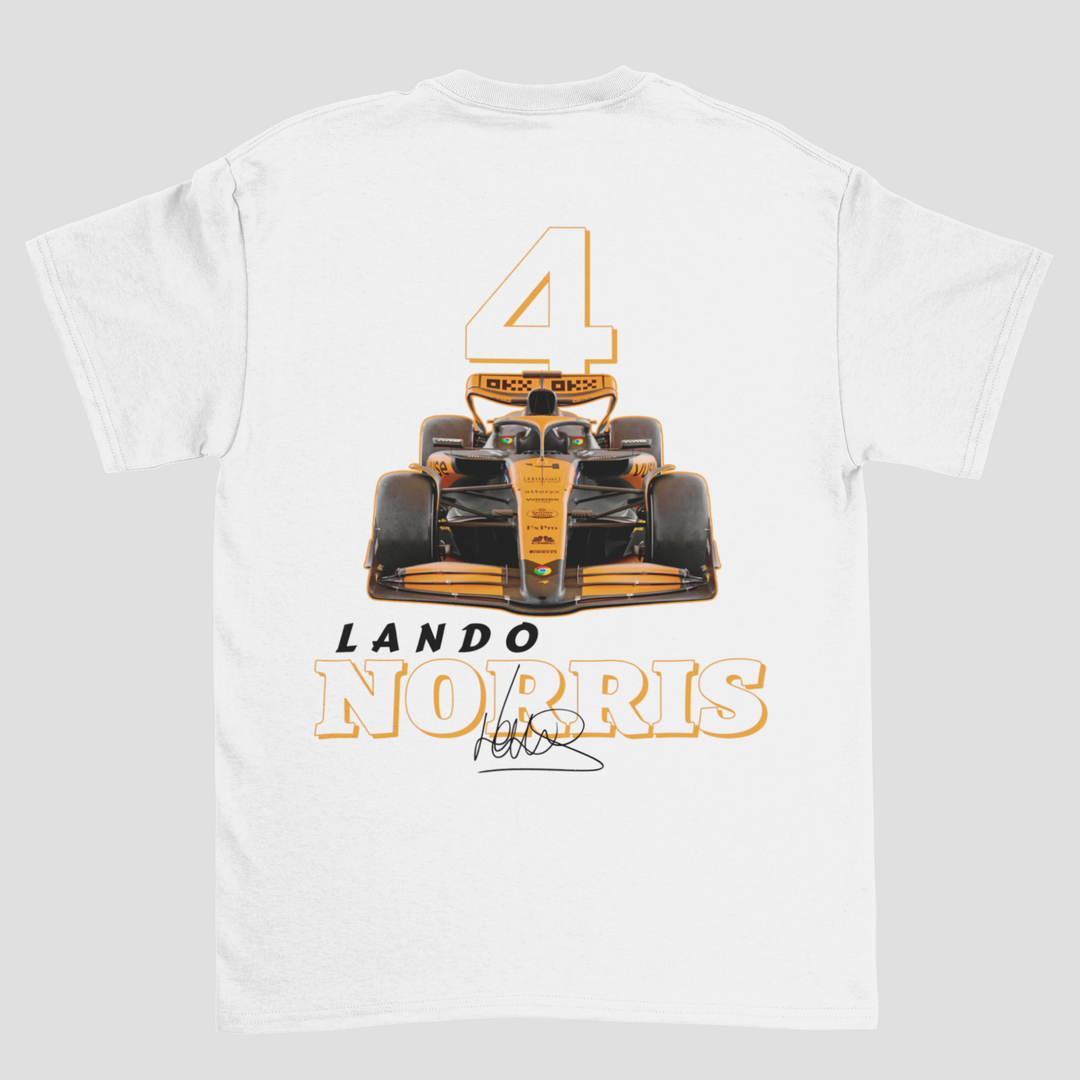 White t-shirt with a Formula 1 car graphic and &