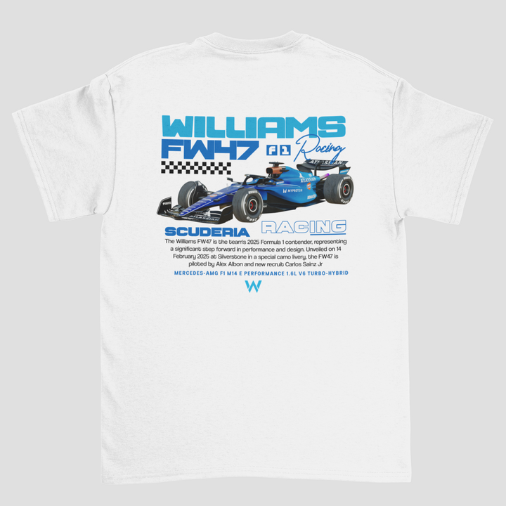 White t-shirt with Williams FW47 racing car design on a gray background