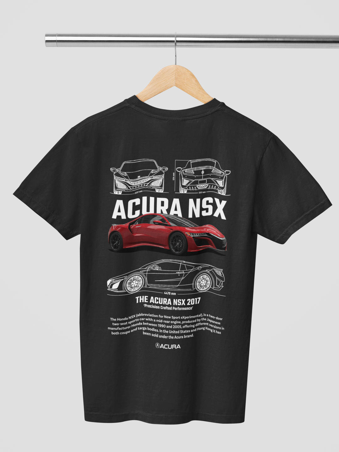 Black t-shirt with Acura NSX graphics on a hanger against a gray background