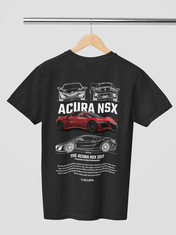 Black t-shirt with Acura NSX graphics on a hanger against a gray background