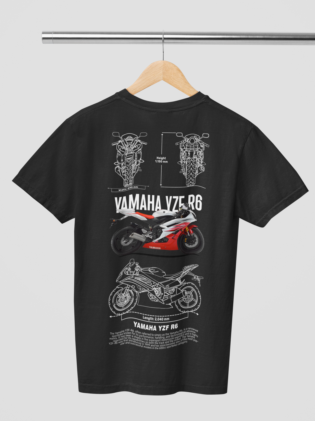 Black t-shirt with Yamaha YZF-R6 graphic on a hanger against a gray background