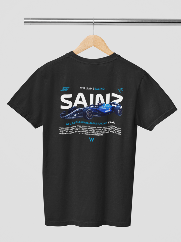 Black t-shirt with Formula 1 car design and text on a hanger against a gray background