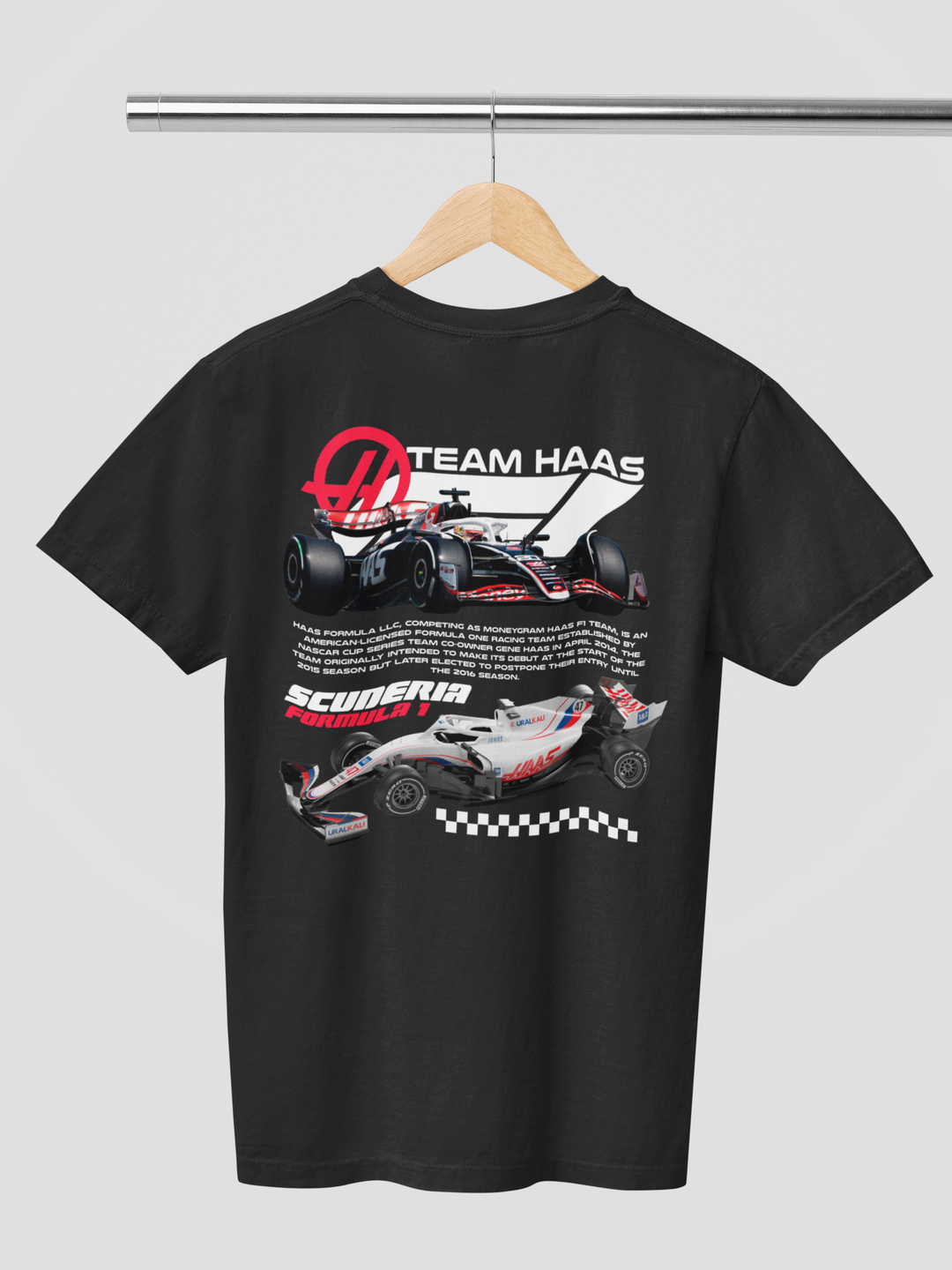 Black t-shirt with Formula 1 car graphics and &