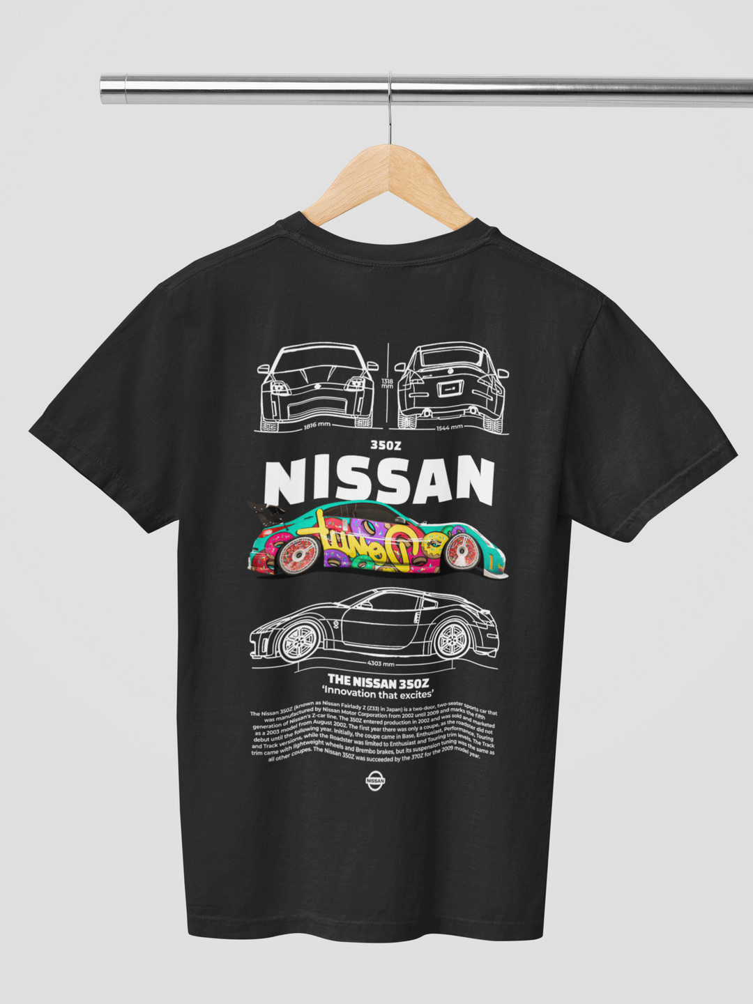 Black t-shirt with Nissan graphics on a hanger against a gray background