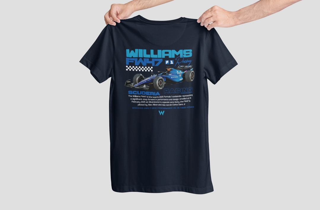 Black t-shirt with Williams F1 branding and car graphic on a light gray background