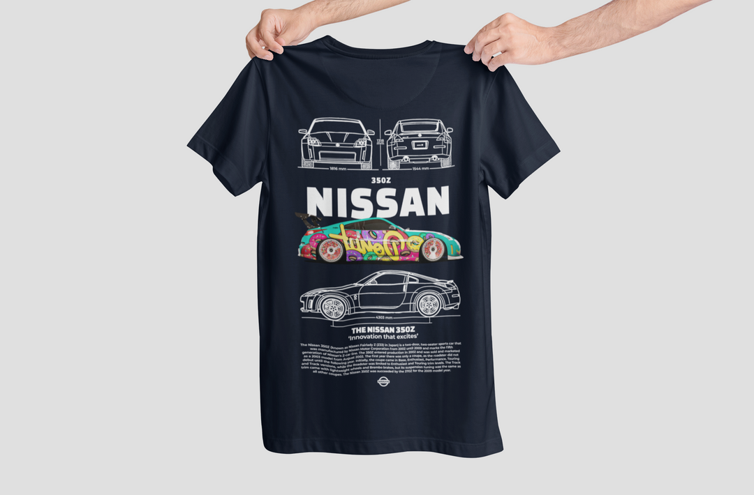 Black t-shirt with Nissan car graphics held by a person on a light gray background