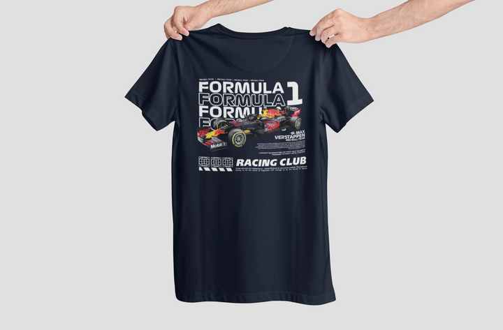Black t-shirt with Formula 1 driver graphic and text held by hands on a light gray background