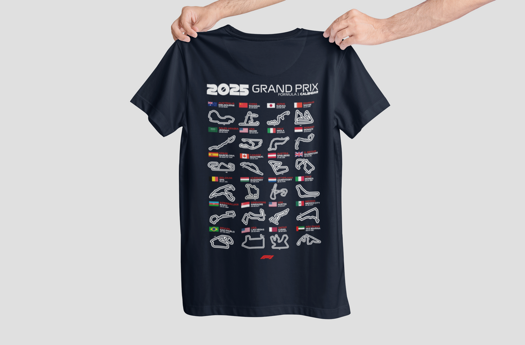 Black t-shirt with 2025 Grand Prix design held by a person on a light gray background
