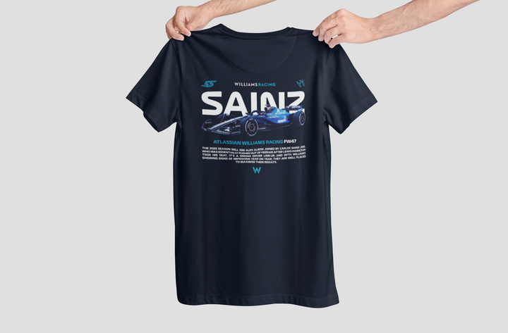 Black t-shirt with Formula 1 graphic design held by a person on a light gray background