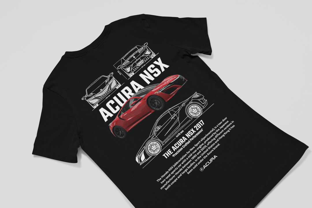 Black t-shirt with Acura NSX graphics on a gray background