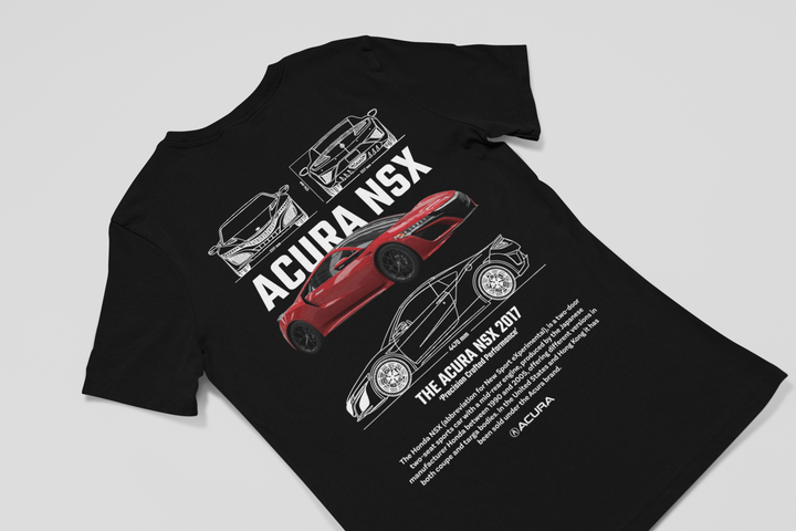 Black t-shirt with Acura NSX graphics on a gray background
