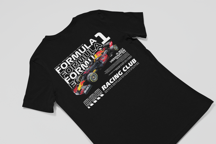 Black t-shirt with Formula 1 racing car design on a light gray background