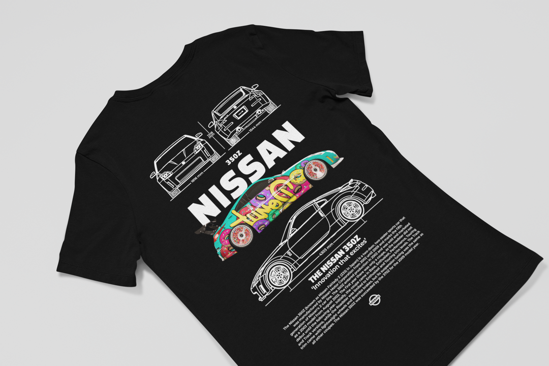 Black t-shirt with Nissan graphics on a light gray background